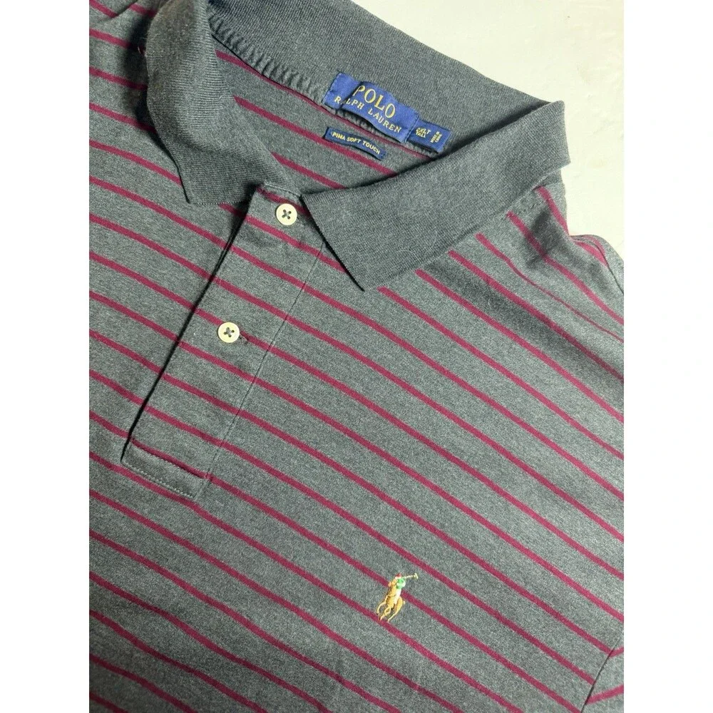 Polo Ralph Lauren Men's Polo Shirt 2XLT 2XL Tall Gray Burgundy Striped Pima Soft